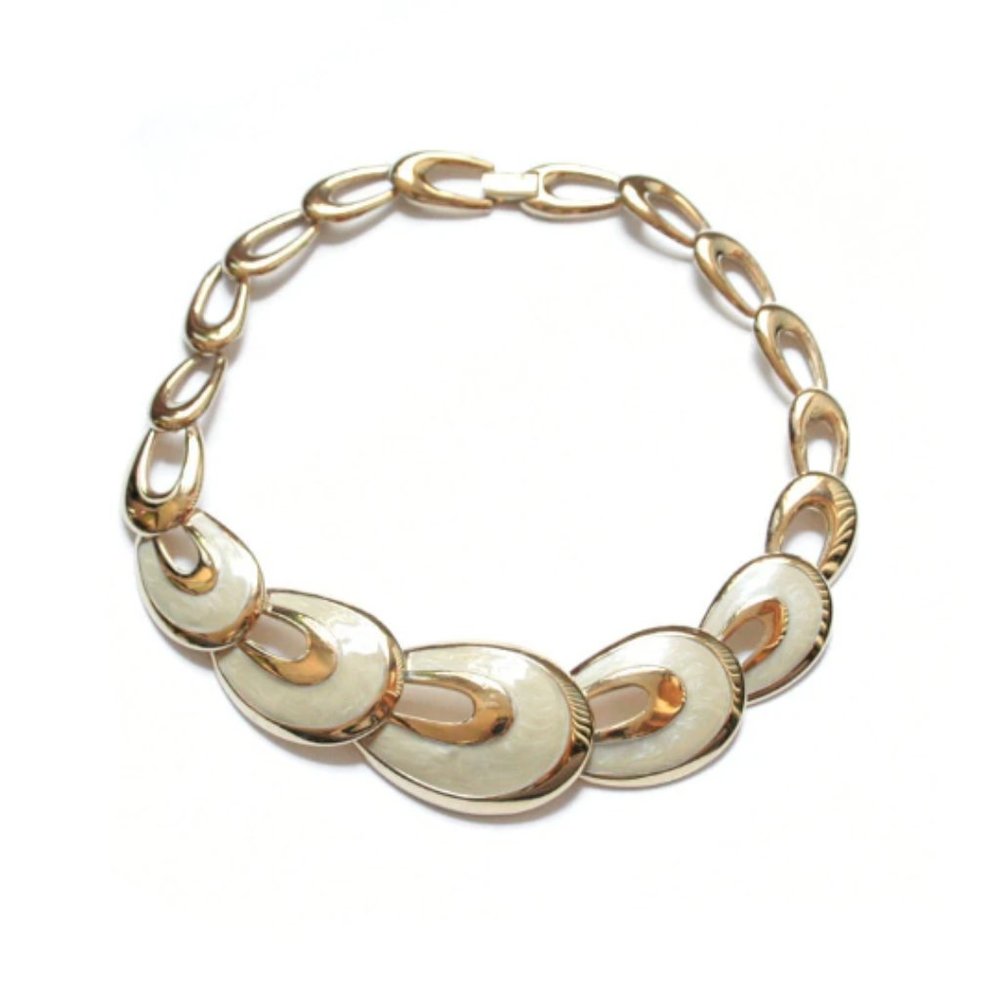 Vintage 80s Napier Gold and Pearl Enamel Circle Choker Necklace